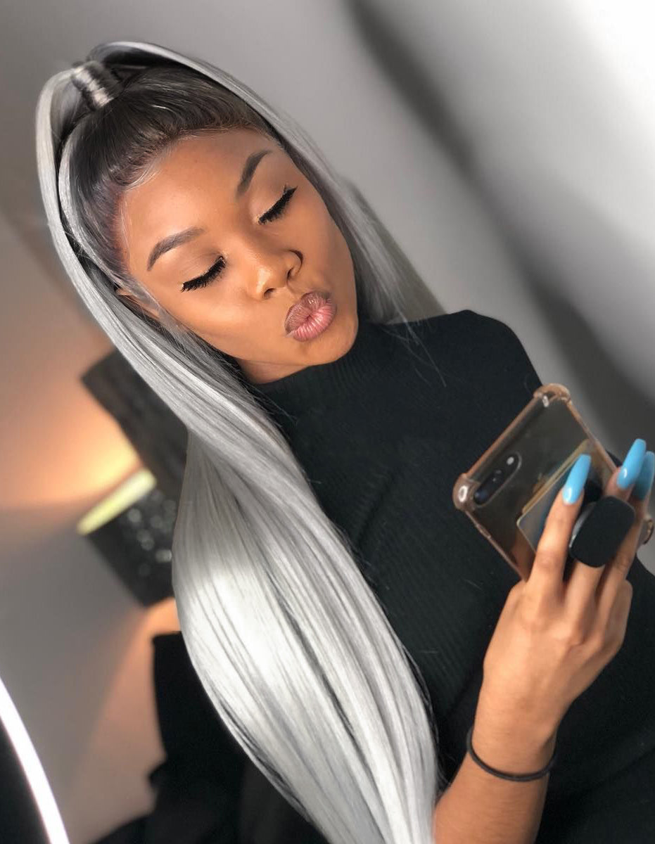 Ombre 1BGrey Straight Lace Front Wigs - Bangsontarget