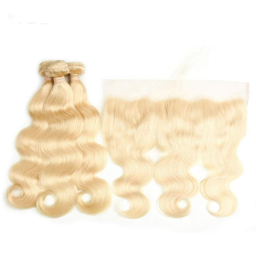 613 Blonde Human Hair 3 Bundles with Brazilian Body Wave with Baby Hair Frontal - Bangsontarget