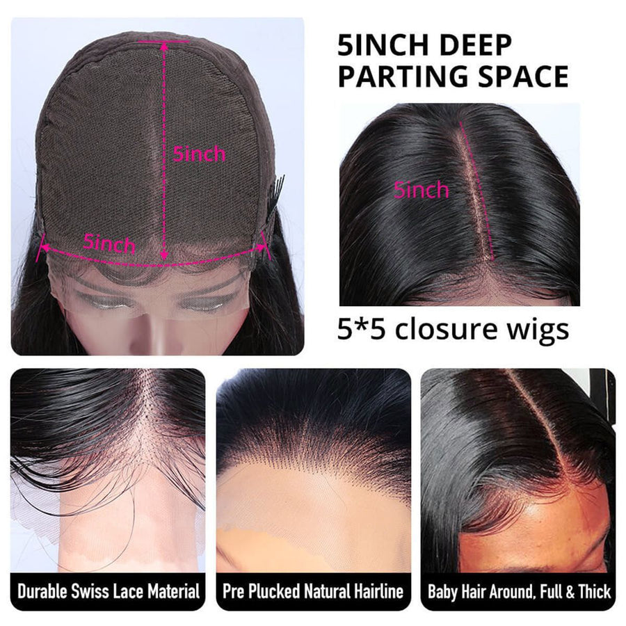 5x5 Lace Closure Straight Human Hair Wigs - Bangsontarget