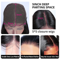 5x5 Lace Closure Kinky Straight Human Hair Wigs - Bangsontarget
