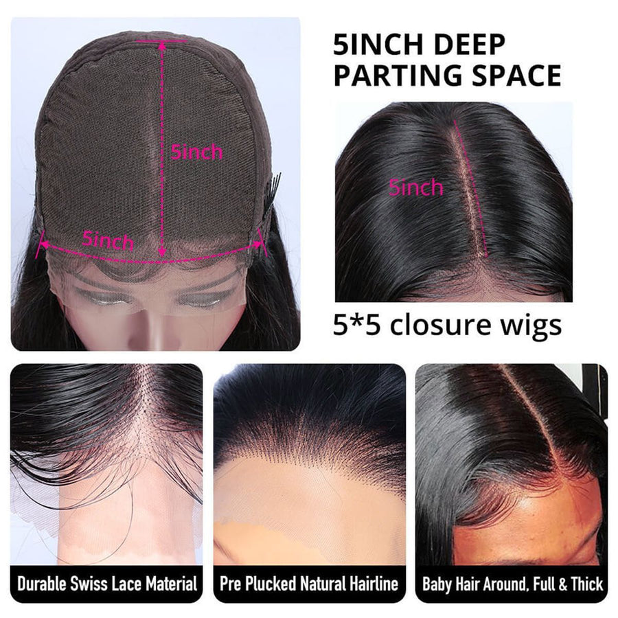 5x5 Lace Closure Body Wave Human Hair Wigs - Bangsontarget