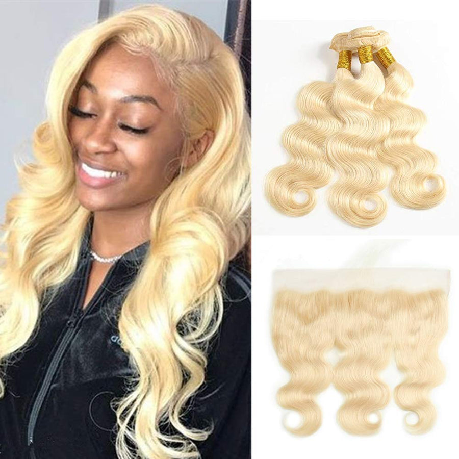 613 Blonde Human Hair 3 Bundles with Brazilian Body Wave with Baby Hair Frontal - Bangsontarget