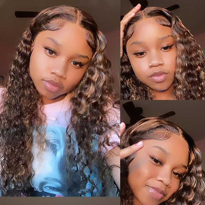 13*4 Lace Front Human Hair Wigs P4/27 Highlight Color Deep Curly - Bangsontarget