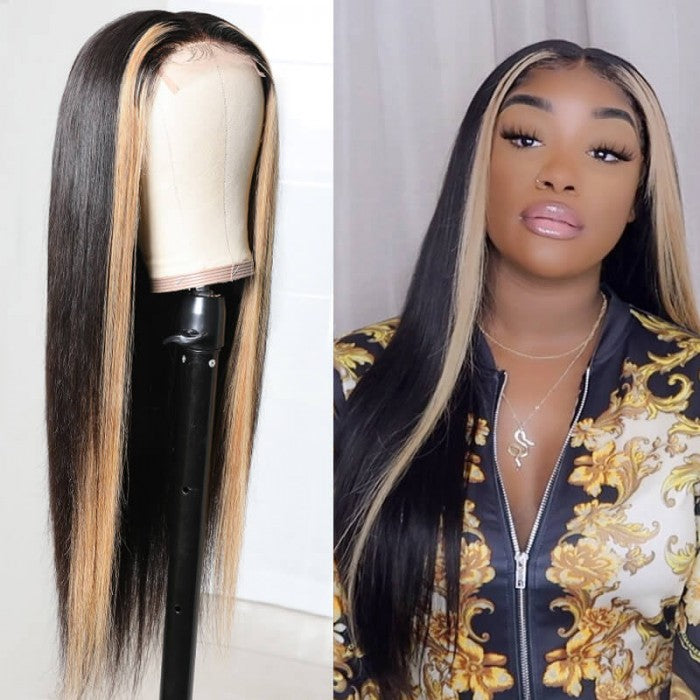 Bangsontarget Lace Frontal Wig Straight Skunk Stripe Wig with Honey Blonde Highlight Wig