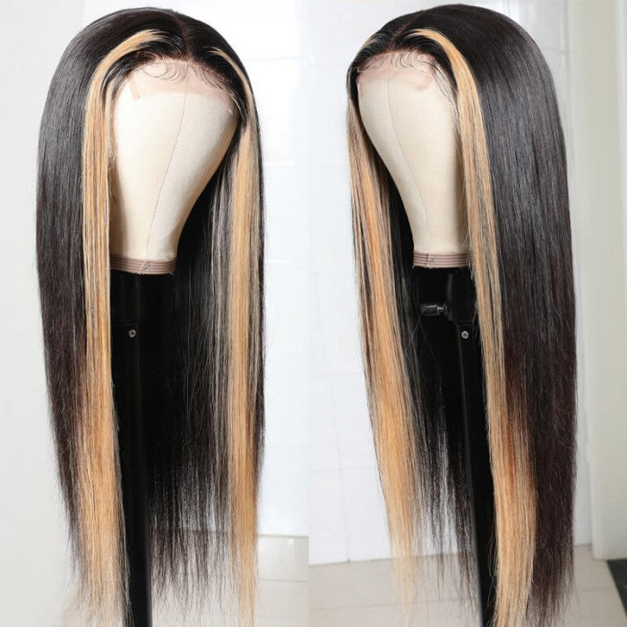 Bangsontarget Lace Frontal Wig Straight Skunk Stripe Wig with Honey Blonde Highlight Wig
