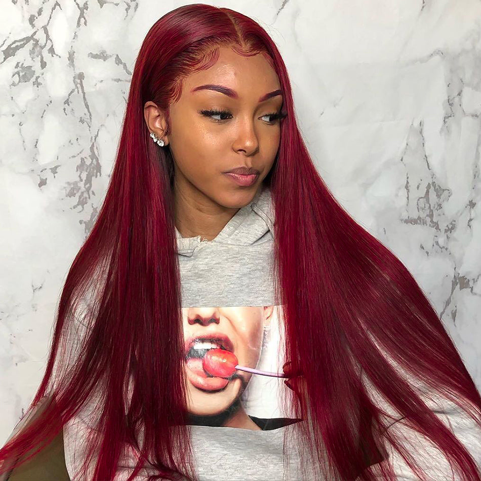 burgundy 99J Lace Front Straight Wig Brazilian Virgin Human Hair - Bangsontarget