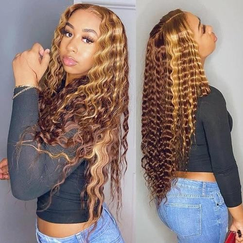 13*4 Lace Front Human Hair Wigs P4/27 Highlight Color Deep Curly - Bangsontarget