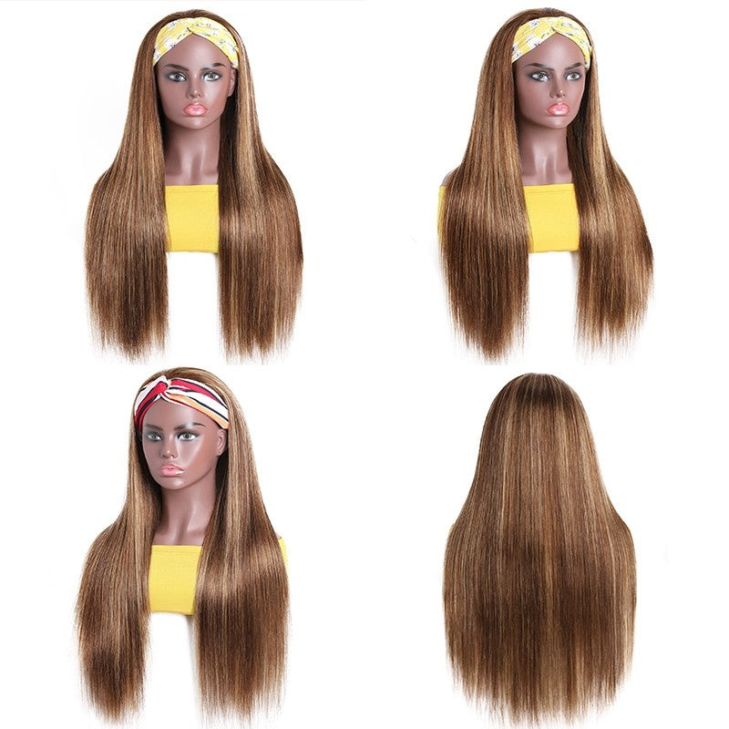 Honey Blond Color Highlight Headband Wigs Human Hair 150% Density Straight Hair For Women - Bangsontarget