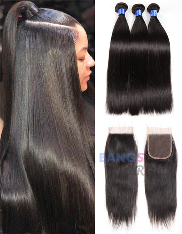 Brazilian Virgin Hair 3 Bundles With Closure Straight - Bangsontarget