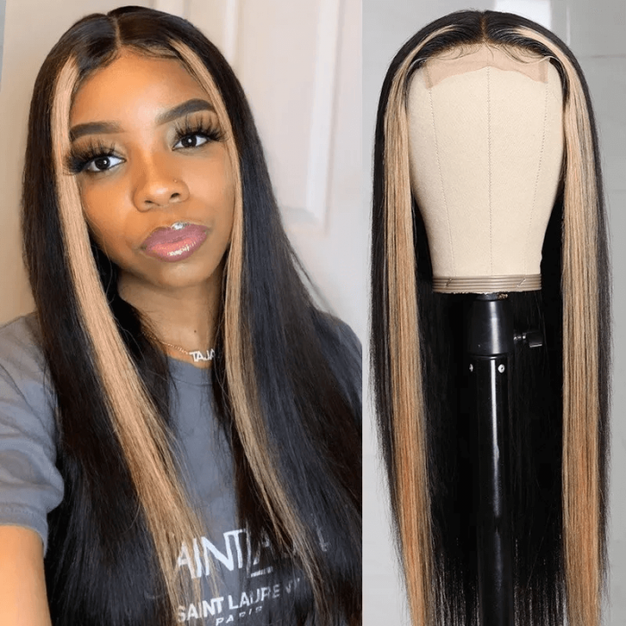 Bangsontarget Lace Frontal Wig Straight Skunk Stripe Wig with Honey Blonde Highlight Wig